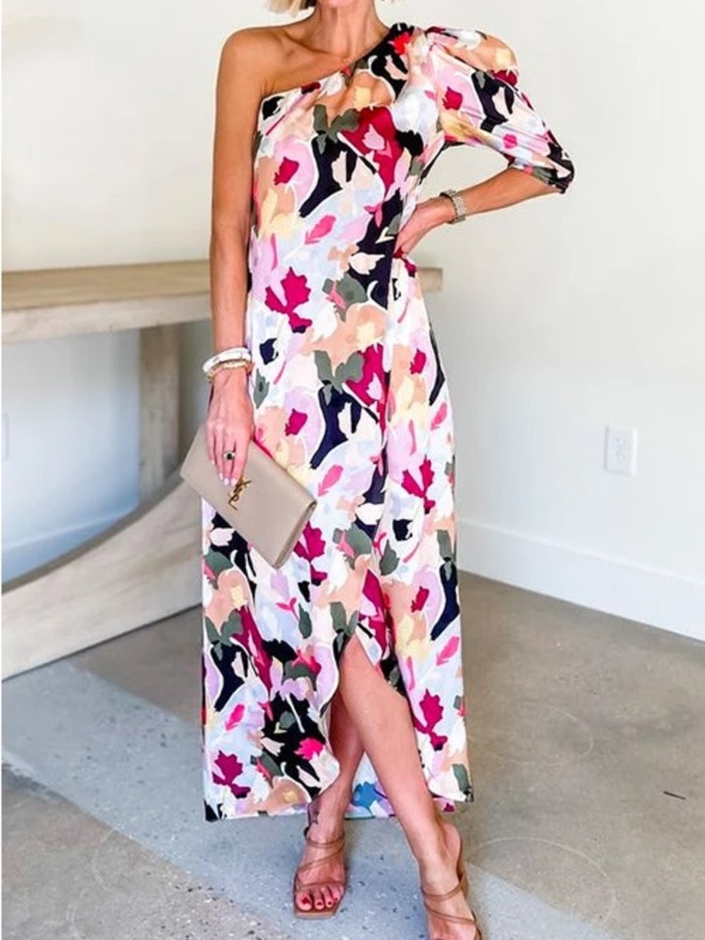 CROSBY by Mollie Burch One-Shoulder Floral Satin Ruffle Slit Midi Dress Size S
